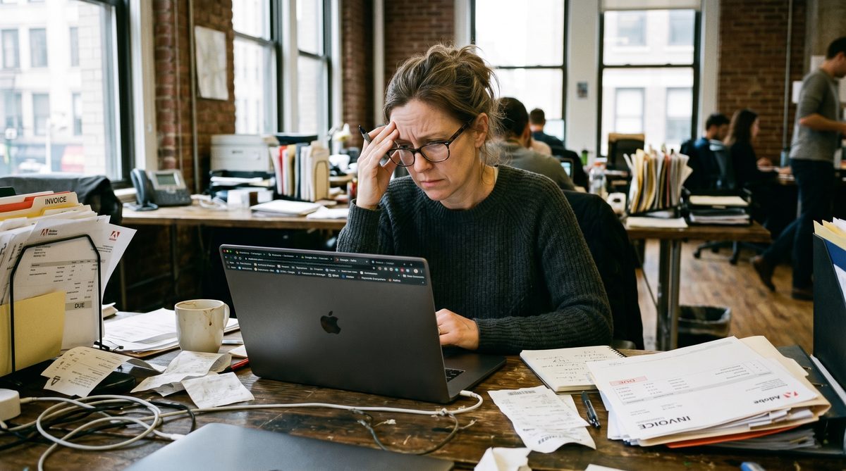 Cluttered desk with multiple laptop screens showing different marketing dashboards, a founder looking frustrated at the data overload