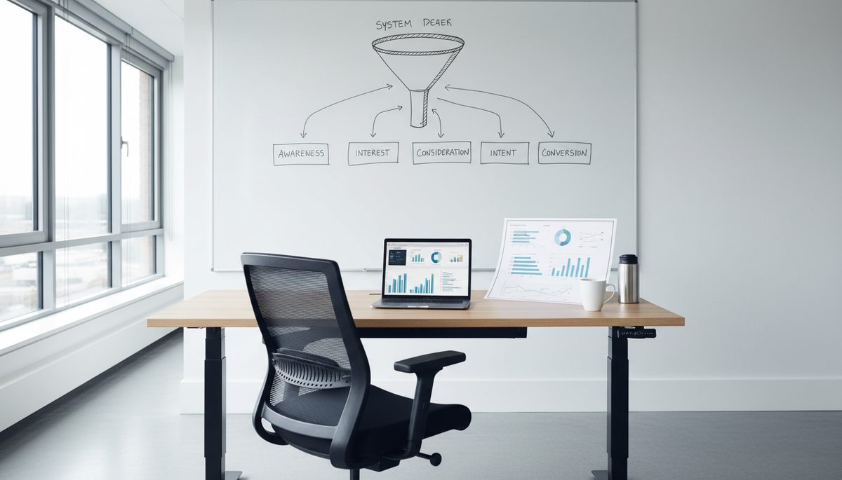 Empty desk with a whiteboard covered in marketing system diagrams — no person in the chair