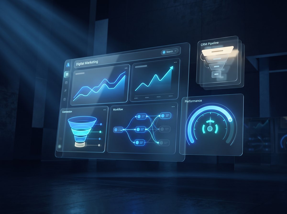 DEMG marketing technology command center showing analytics dashboards, a conversion funnel, automation workflow, and CRM pipeline